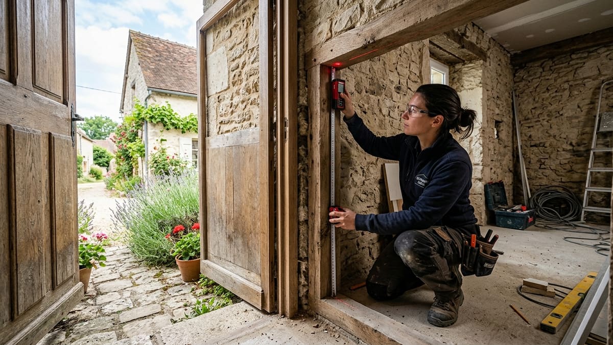 Schéma explicatif de la prise de mesures d'une porte de service : hauteur tableau, largeur tableau, épaisseur mur, avec indication des points de mesure intérieurs et extérieurs, et des marges de jeu en millimètres. Style didactique, clair, avec des flèches et des légendes. Idéal pour un propriétaire débutant souhaitant remplacer sa porte de service. Vue isométrique en coupe.