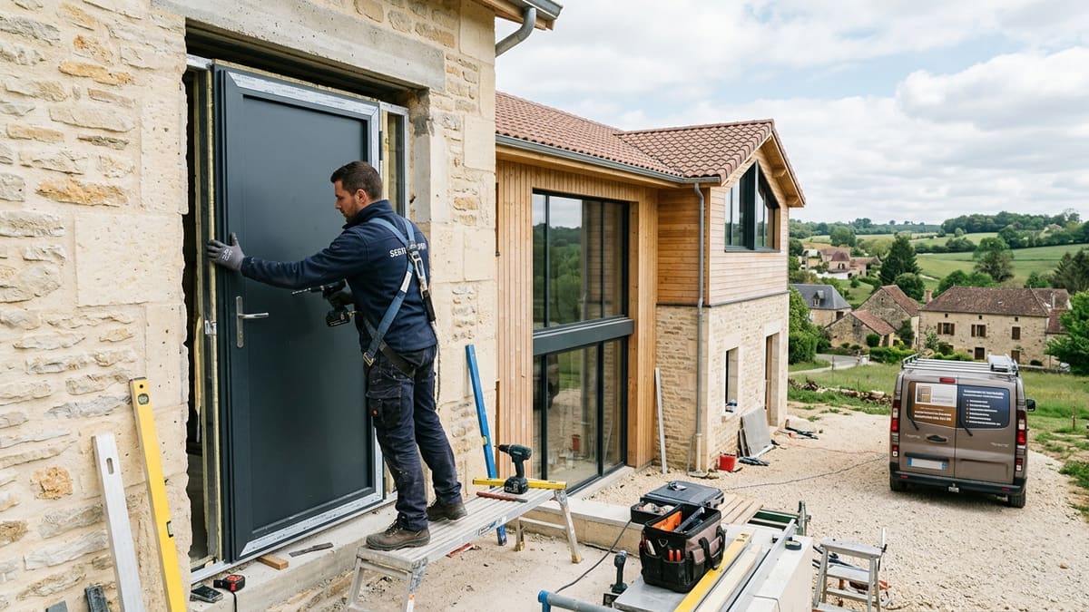 Travaux de rénovation énergétique avec une porte de service isolante installée en France