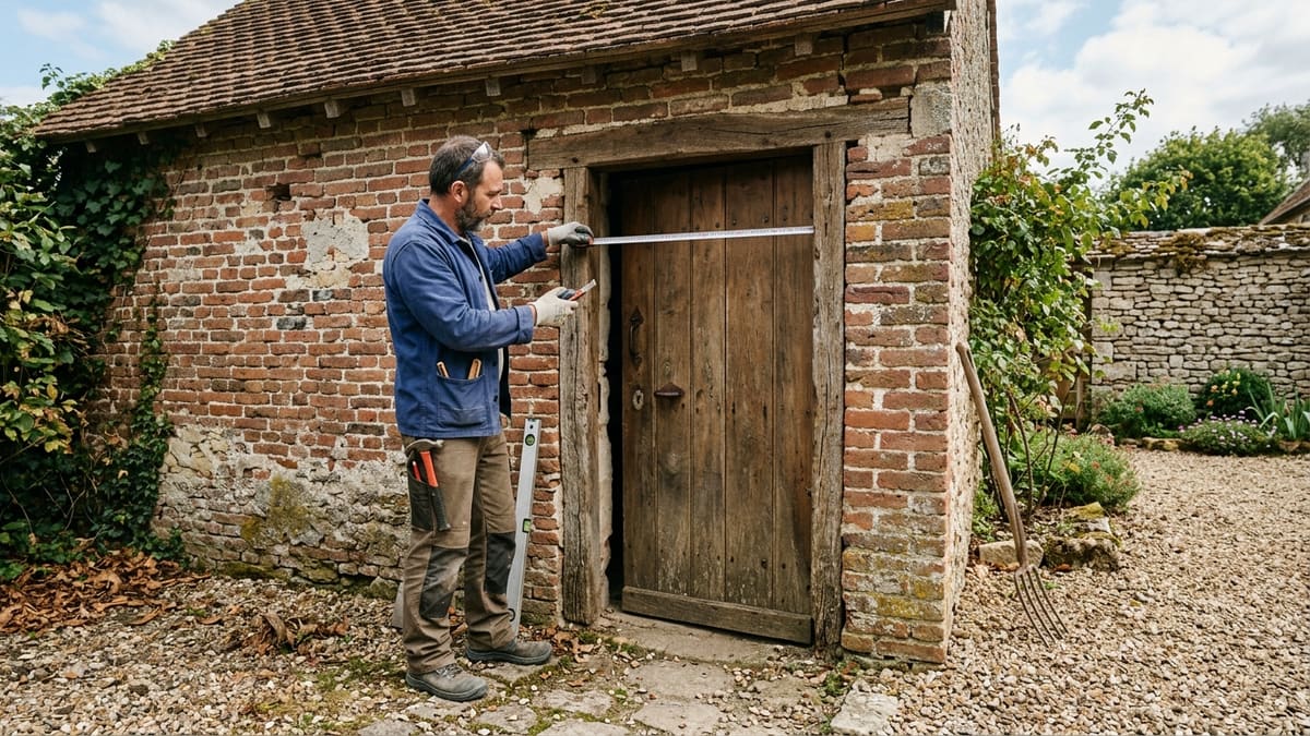 Homme mesurant une ouverture pour une porte de service extérieure, avec un mètre ruban et des outils à la main, sur un mur de dépendance en briques.