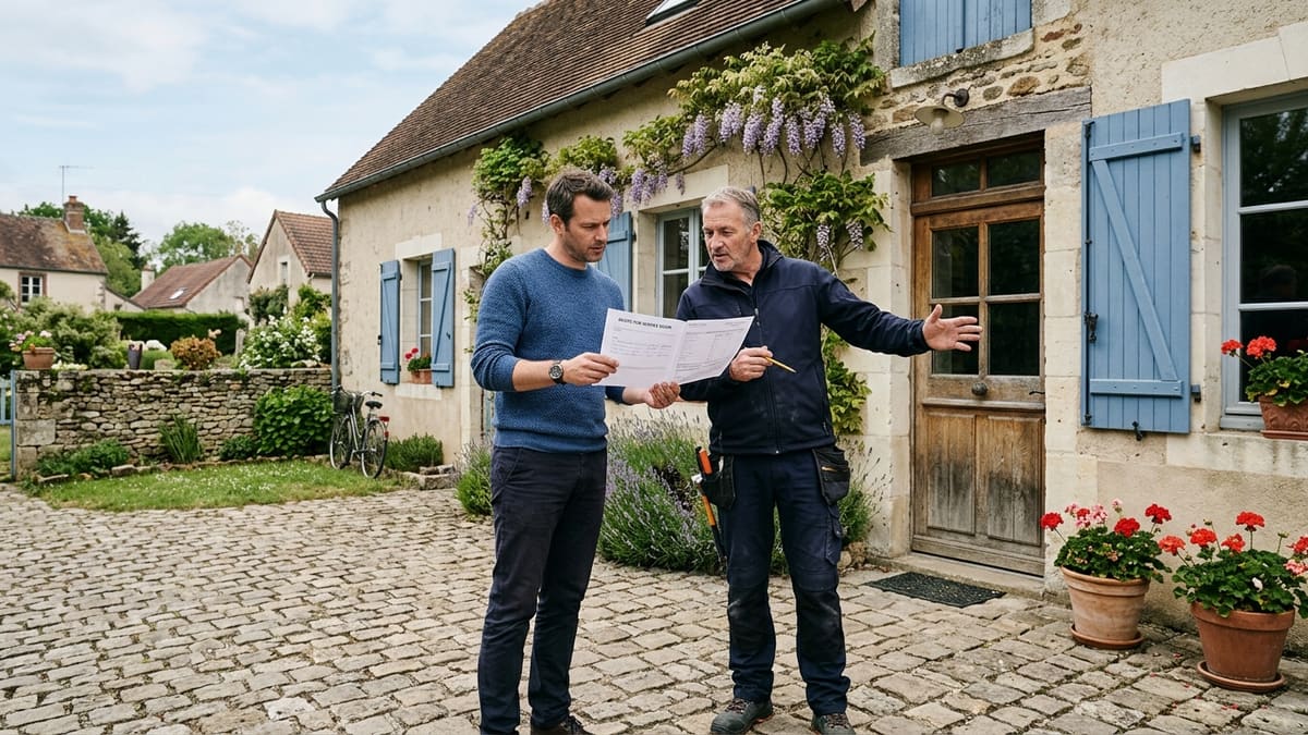Homme discutant avec un professionnel devant une porte de service, devis à la main