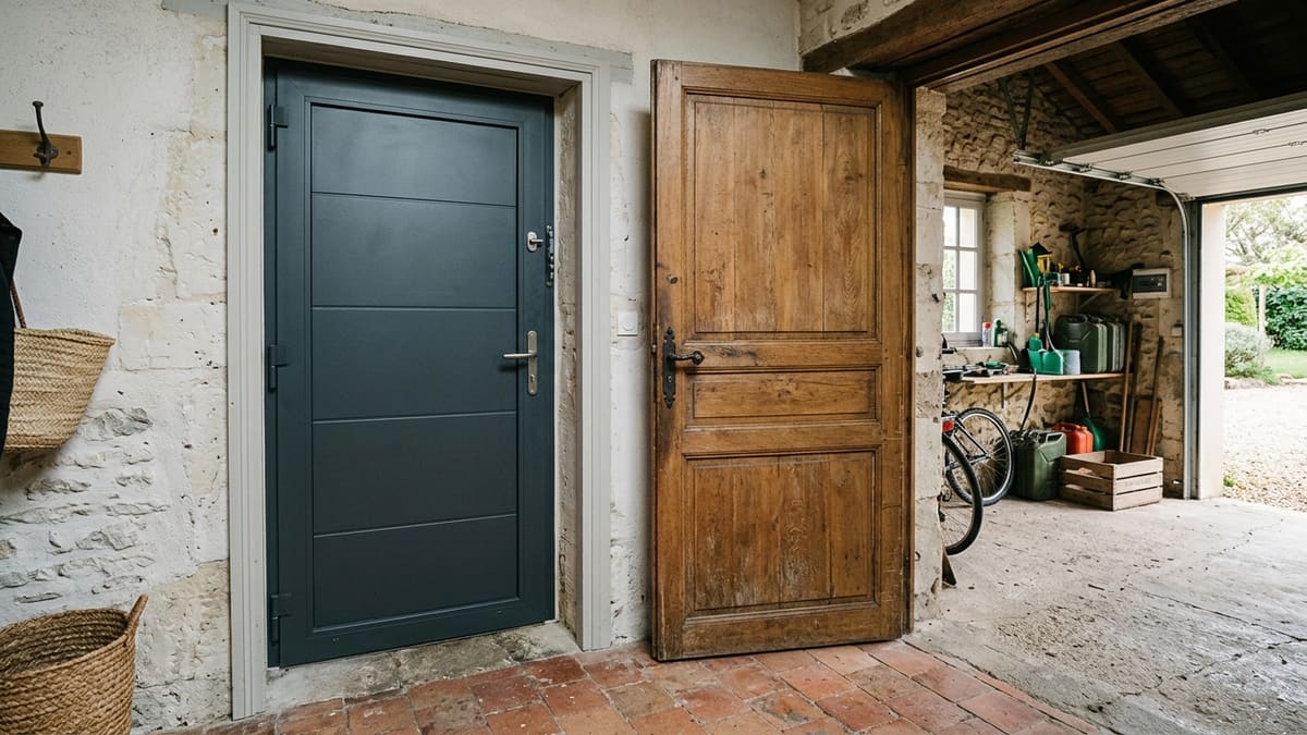 ALT FR — Comparaison des portes entre garage et maison isolantes en acier et bois avec serrures de sécurité